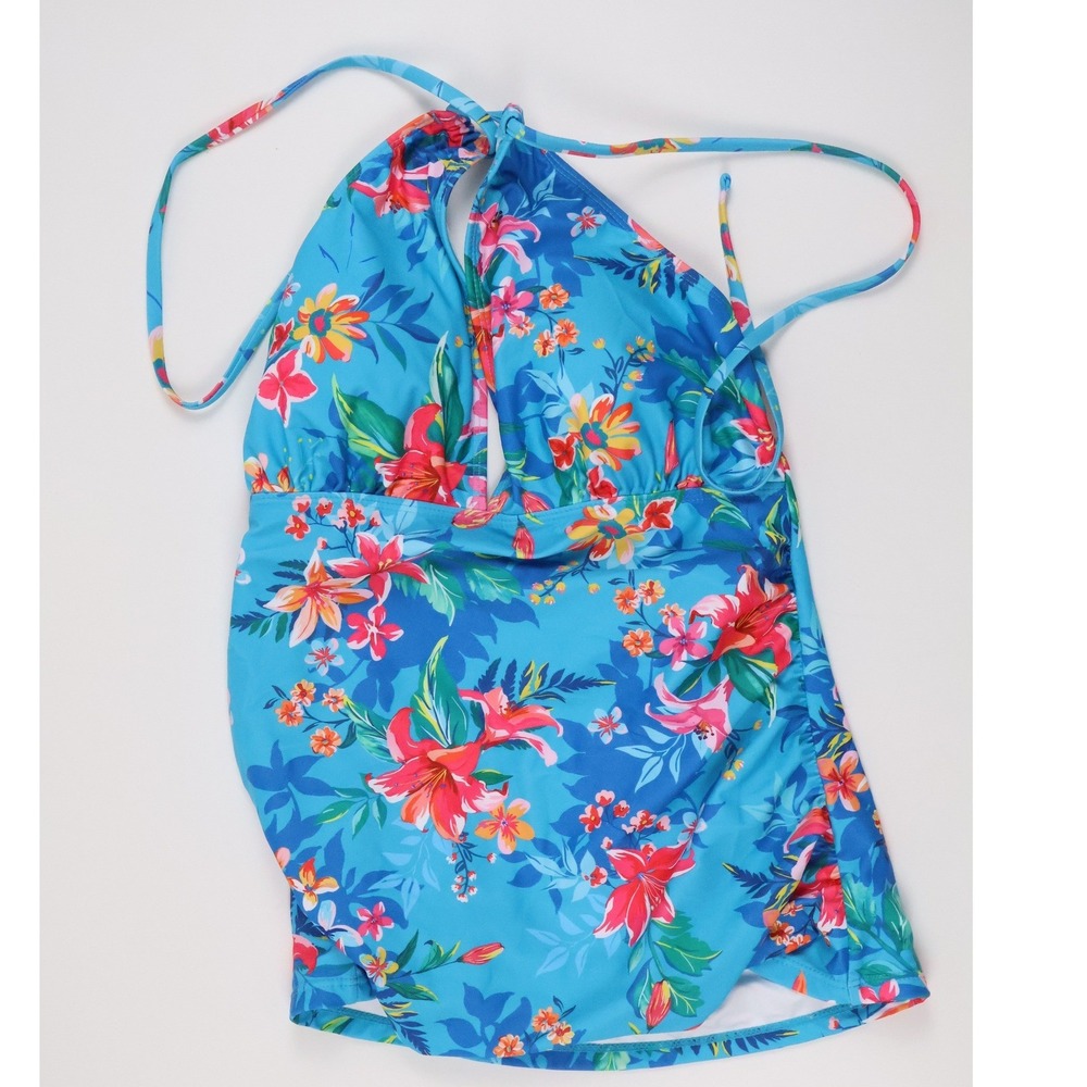 Yonique Tankini Top Halter Floral Blue Tropical Medium NWT